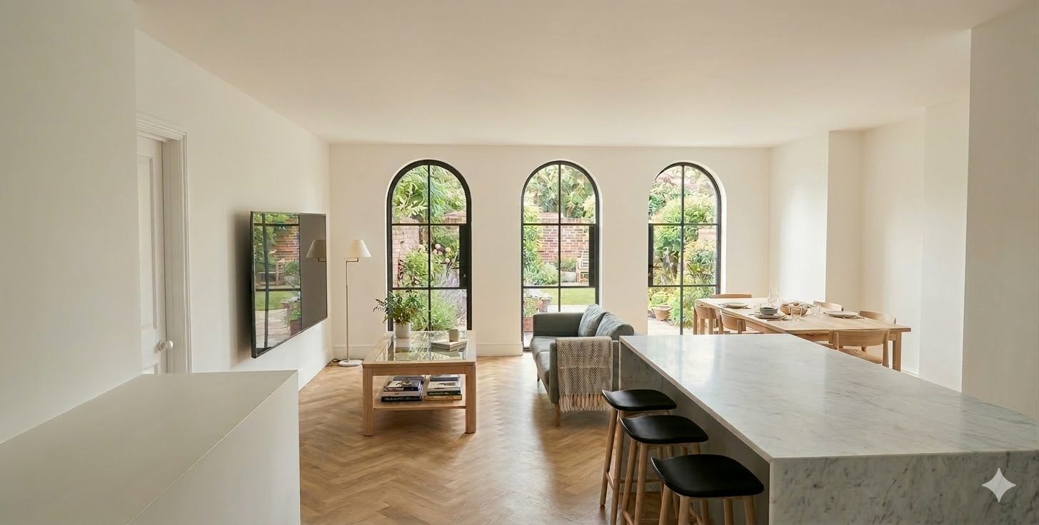 An open-plan living, dining and kitchen space with herringbone flooring, a marble island and three arched steel-framed doors to the garden.