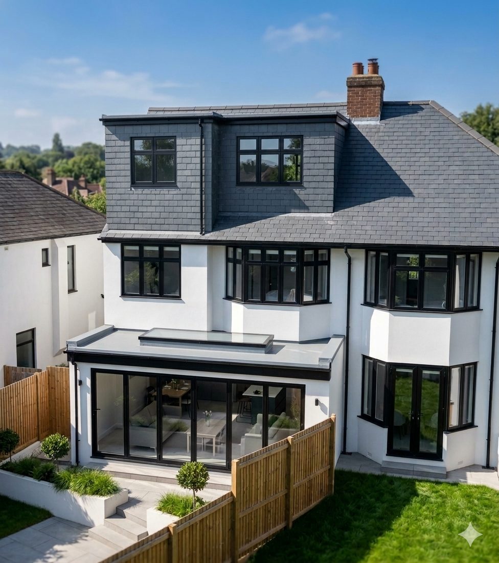 The back of a white rendered semi-detached house with a slate-hung box dormer above a flat roof extension with a rooflight and sliding doors.