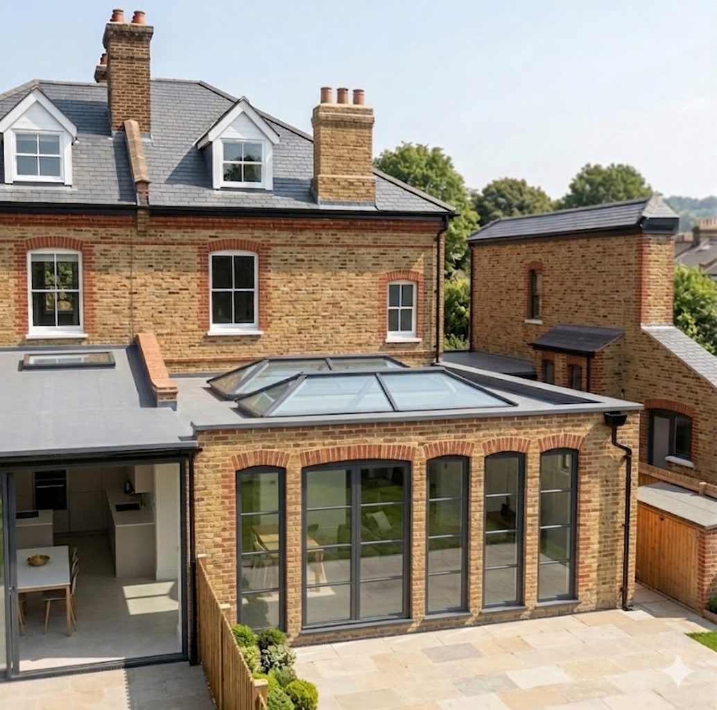 A yellow-brick rear extension to a Victorian house with arched glazed doors and a large roof lantern.