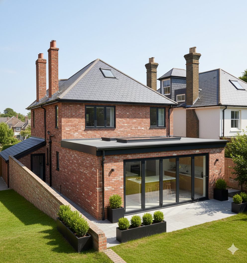 A red-brick detached house with a flat roof rear extension, a flat rooflight and wide bifold doors.