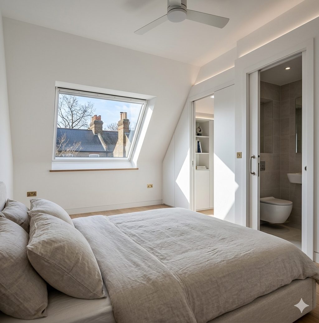 A loft bedroom with a dormer window looking onto neighbouring chimneys, fitted storage and a sliding door to an en suite.