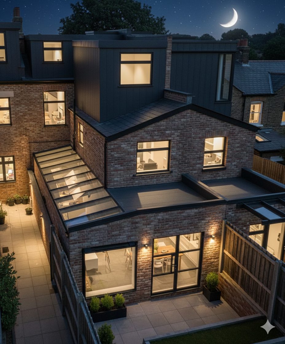 A night view of a brick terrace with a dark-clad loft dormer above a side return extension with a glazed roof, lit from inside.