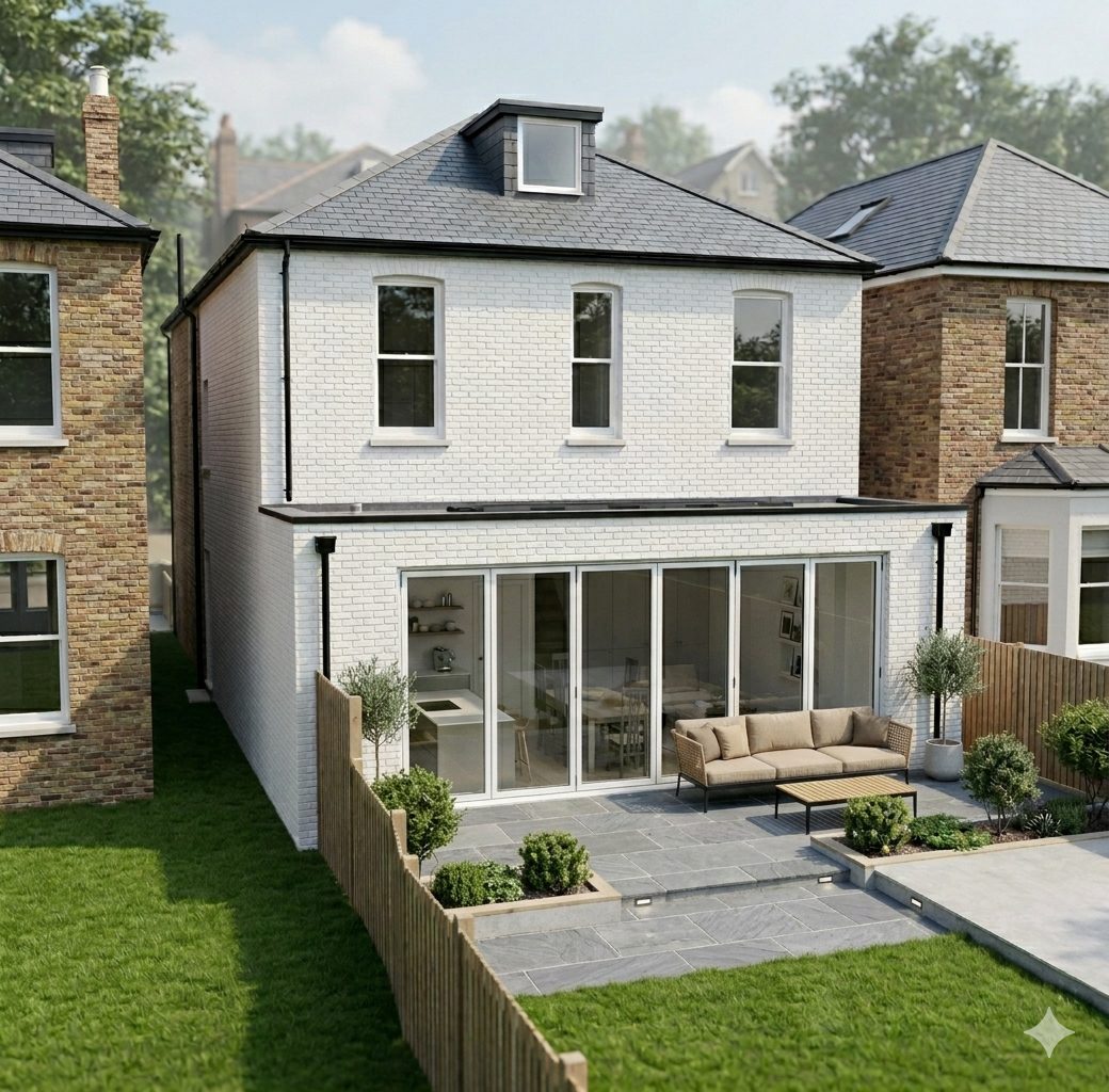 A white brick house seen from the garden, with a full-width flat roof rear extension, bifold doors and a small dormer in the roof.