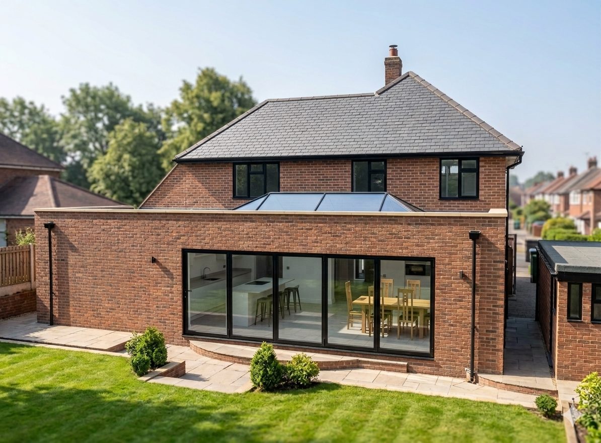 A brick flat roof rear extension with a parapet, a roof lantern and wide sliding doors.