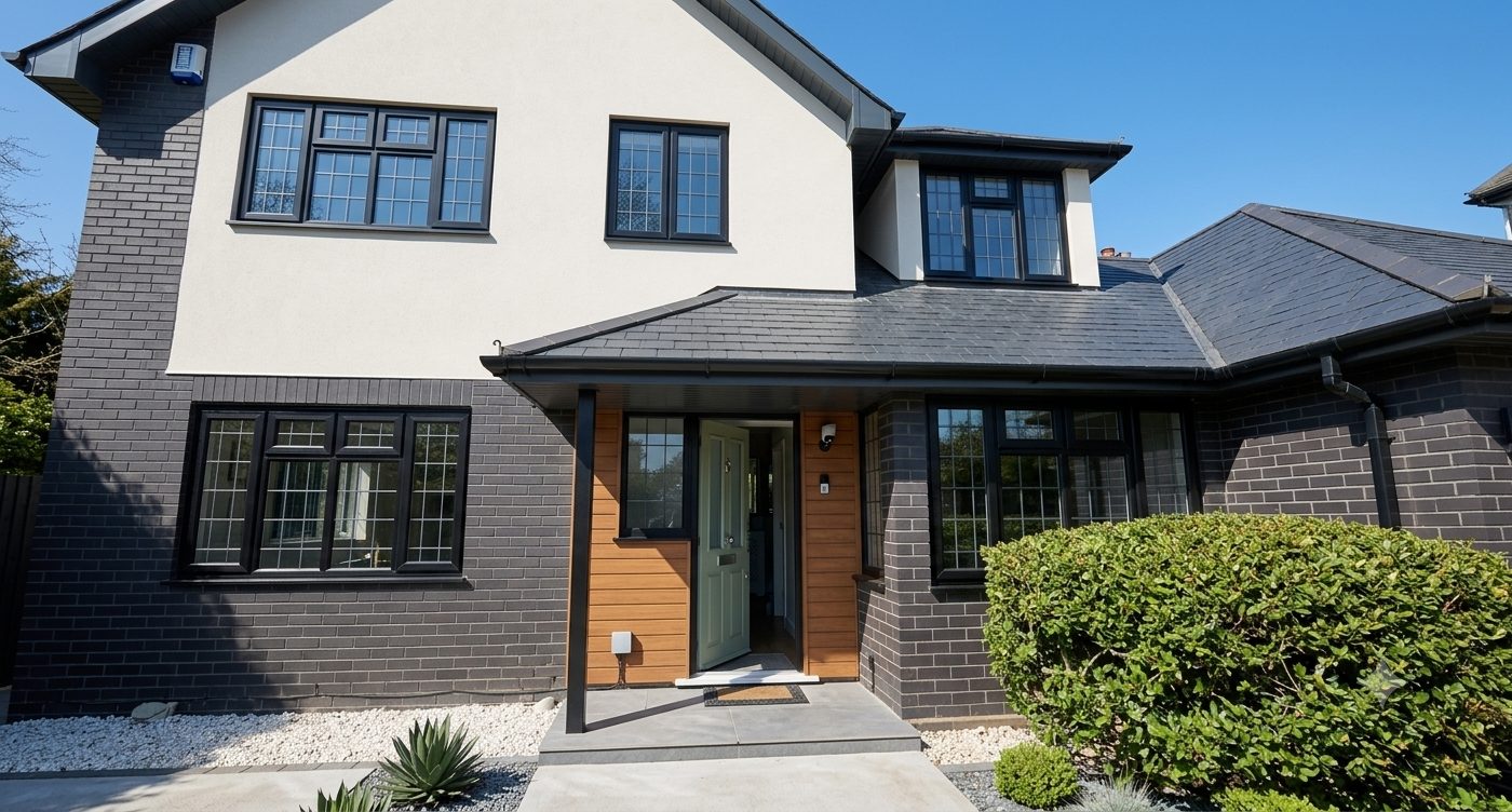 The front of a house remodelled in dark brick and cream render with a new slate-roofed porch.