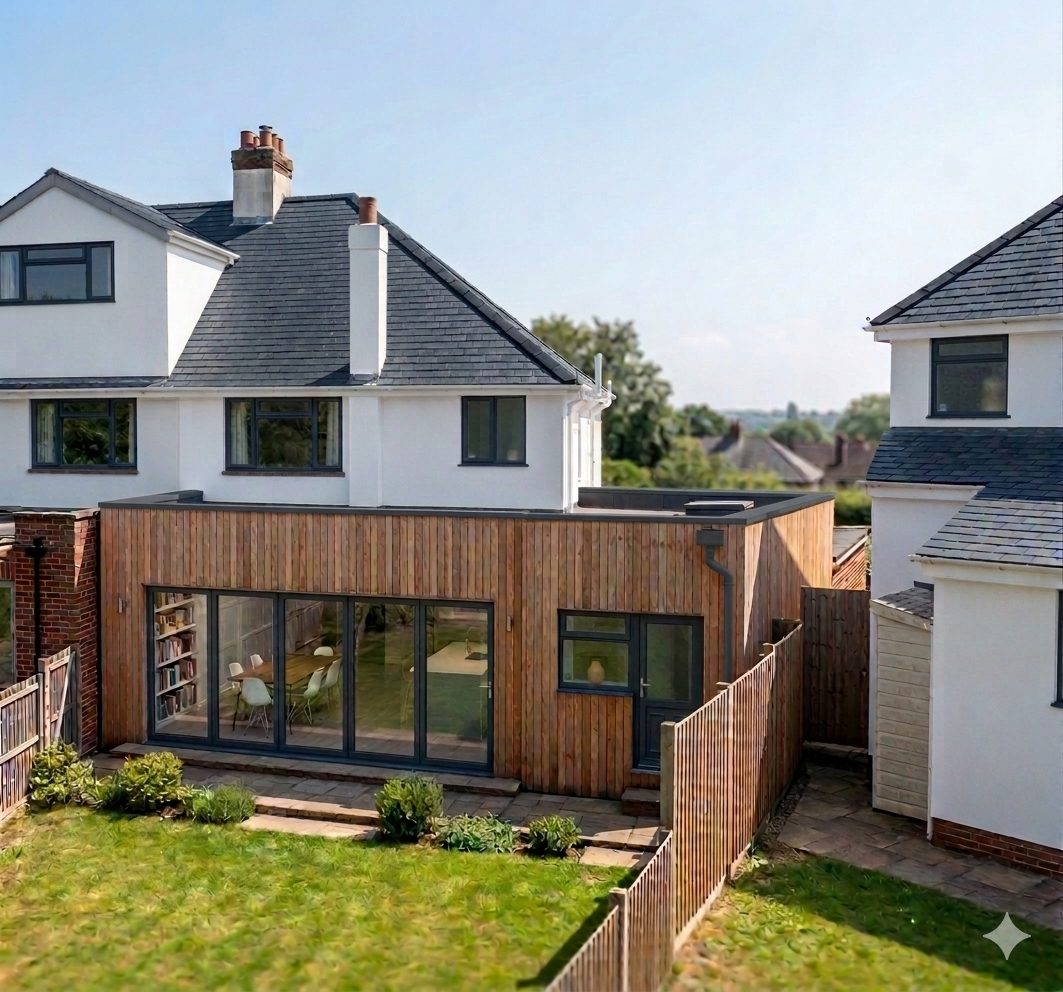 A full-width timber-clad flat roof extension on the back of a white rendered semi-detached house, with bifold doors to the garden.