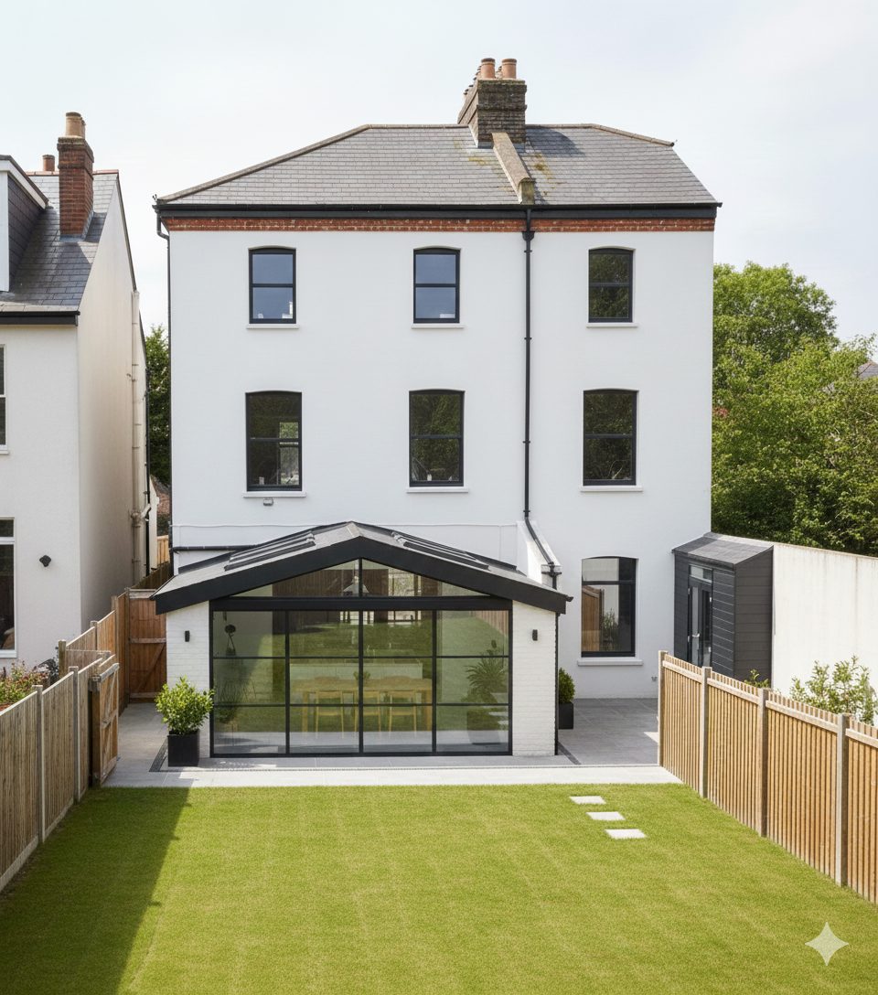 A tall white-painted period house with a single-storey gabled rear extension glazed in black steel-framed doors.