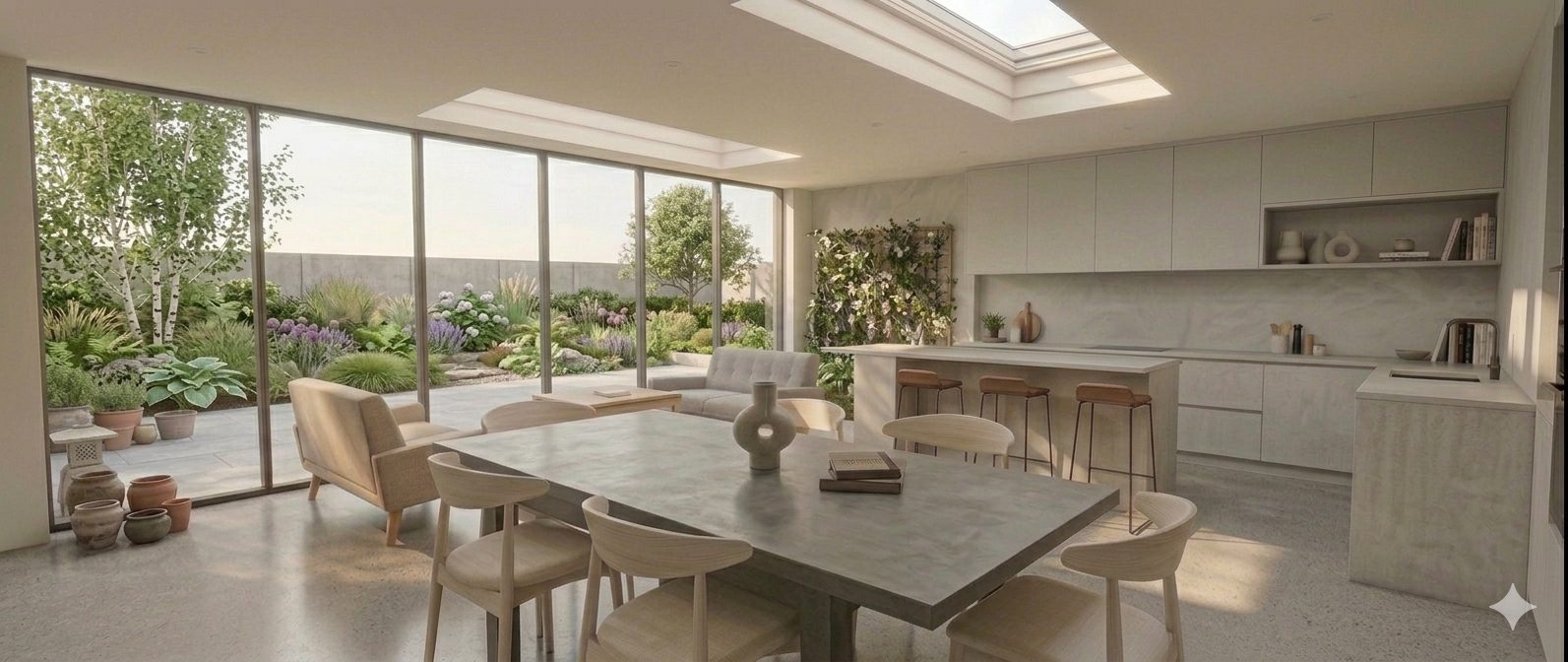 An open-plan kitchen, dining and living space with floor-to-ceiling glazing onto a planted garden and two large rooflights.