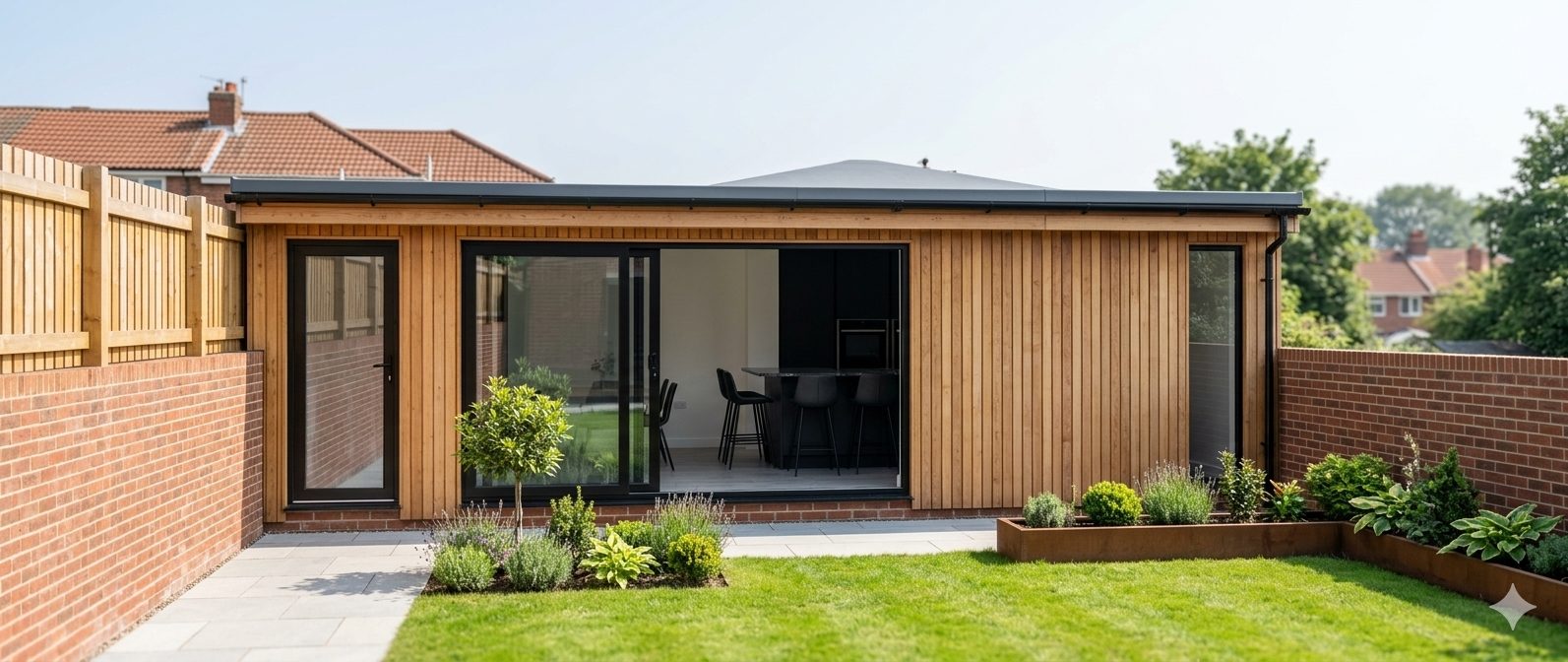 A timber-clad garden room with a flat roof and sliding doors, opening onto a lawn.