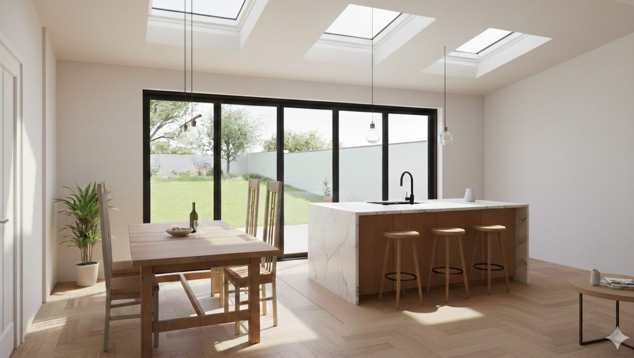 A kitchen and dining extension with a marble island, herringbone floor, three rooflights and wide black-framed doors to the garden.