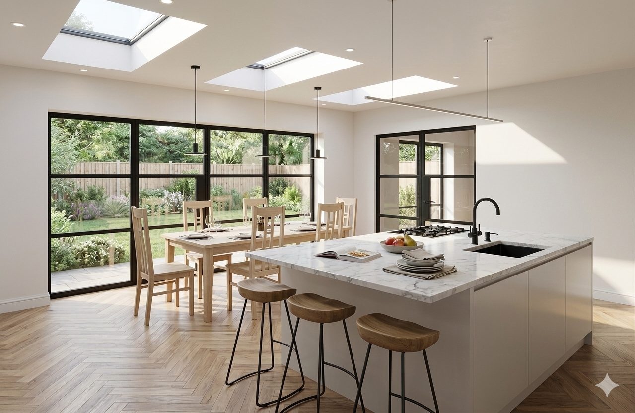 A kitchen and dining extension with a marble island, herringbone floor, three flat rooflights and black steel-framed doors to the garden.