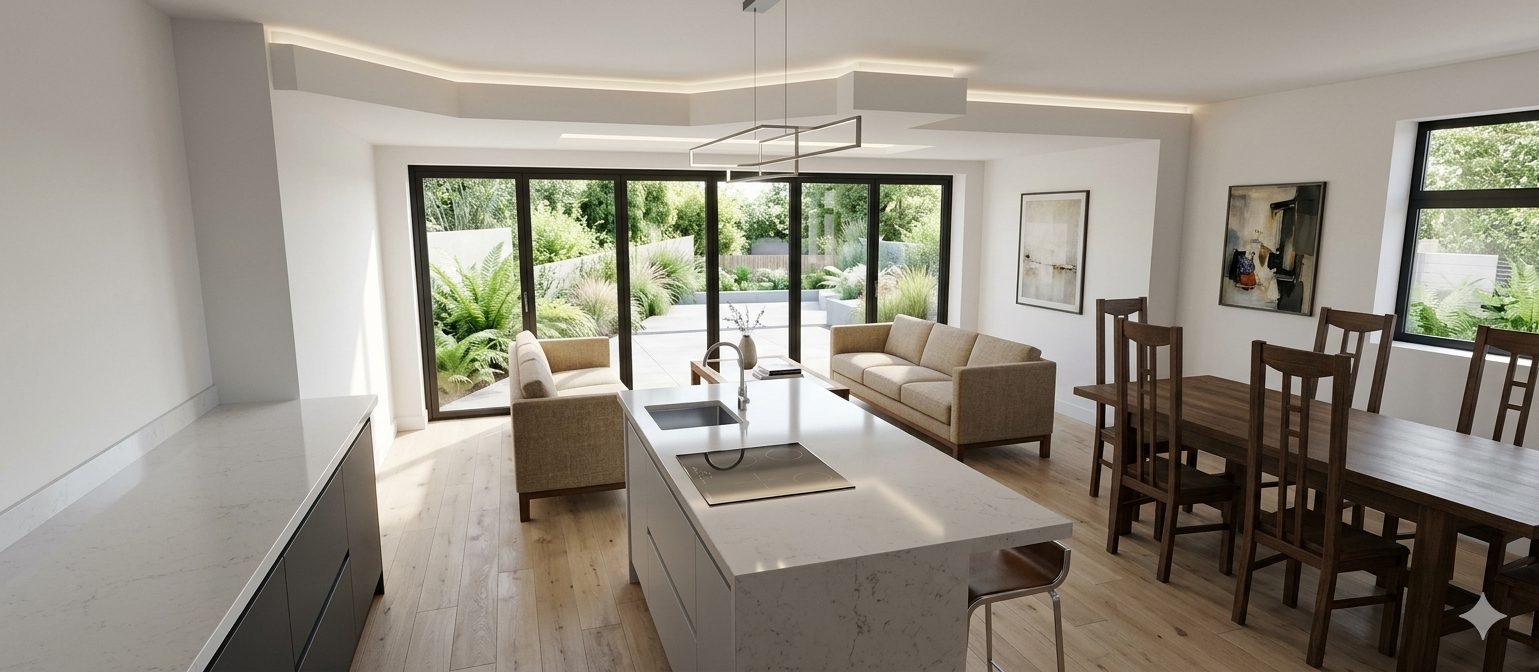 A kitchen extension with a white island and bifold doors running the width of the room.