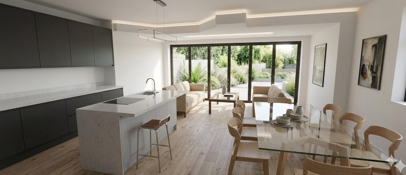 A kitchen extension with dark cabinets, an island, a glass dining table and bifold doors to the garden.