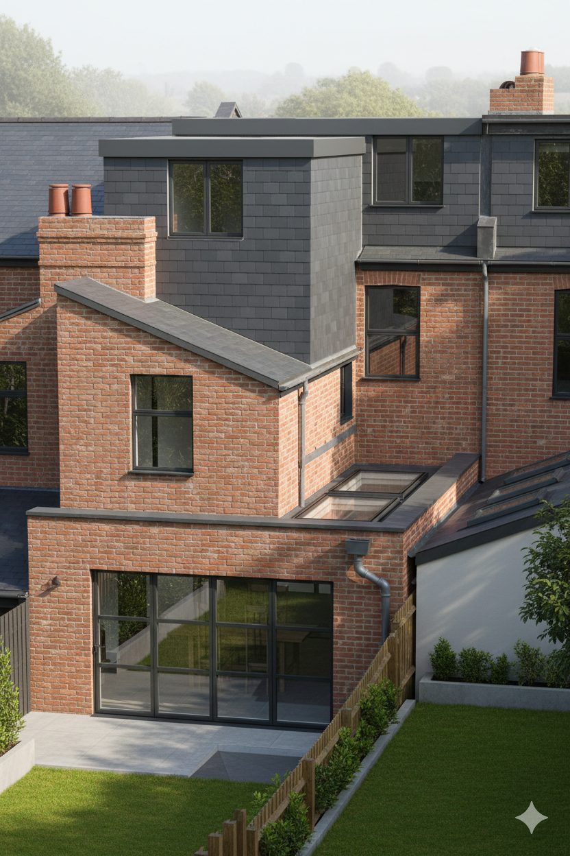 The back of a red-brick terrace with a slate-hung L-shaped loft dormer above a brick flat roof extension with steel-framed doors.