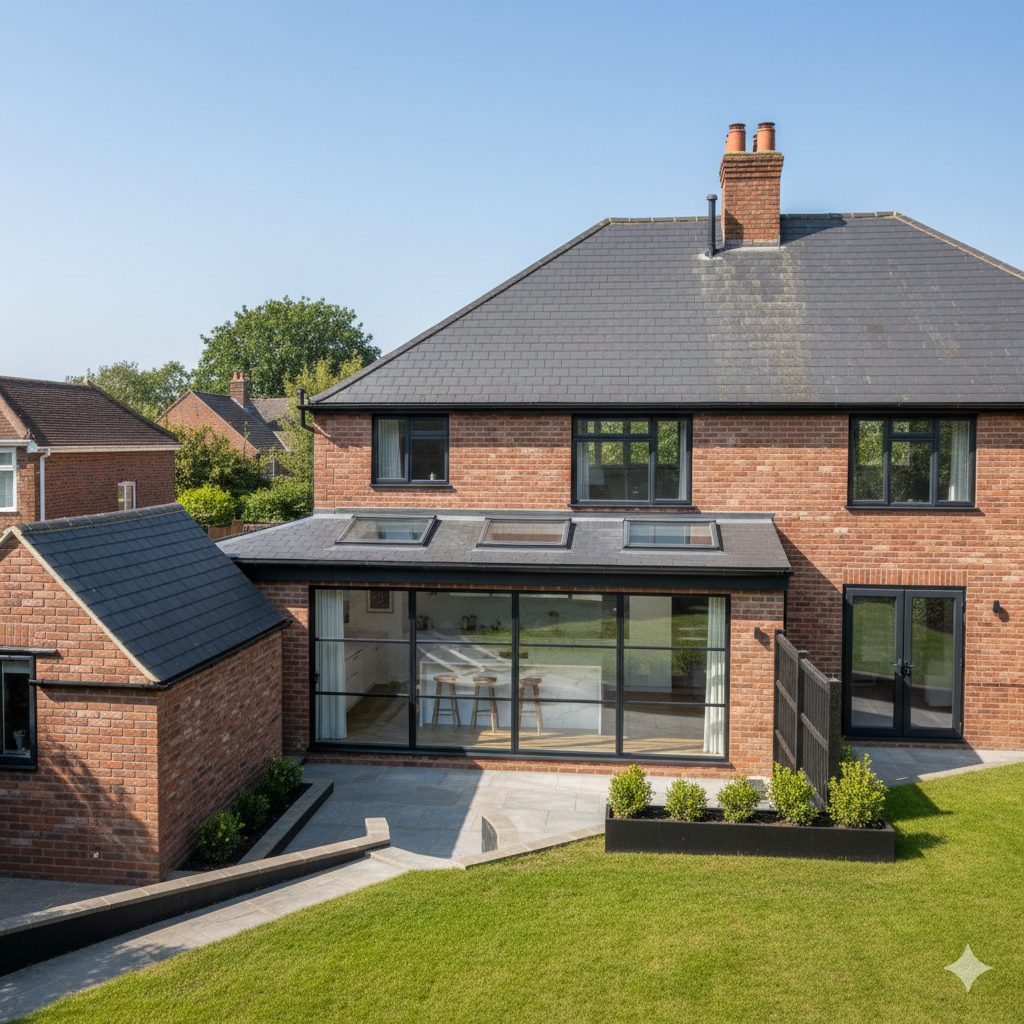 A red-brick house with a rear extension under a slate lean-to roof, three rooflights and wide black-framed glazed doors.
