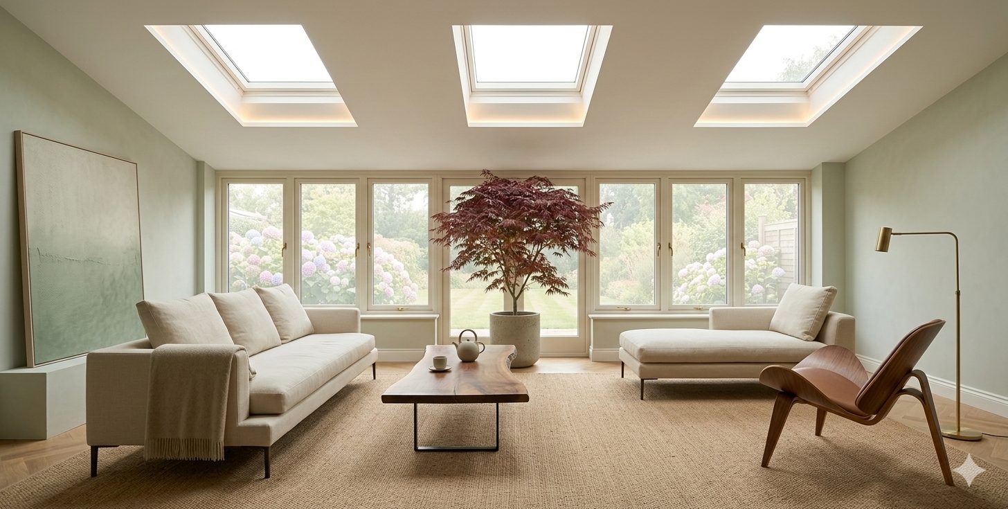 A living room extension with three rooflights and a full-width run of timber windows looking onto the garden.