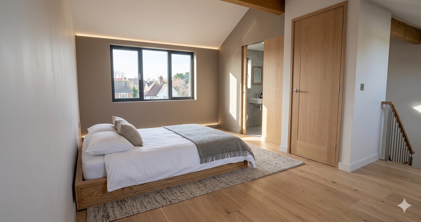 A loft bedroom with oak flooring, a wide window over the rooftops and a door through to an en suite shower room.