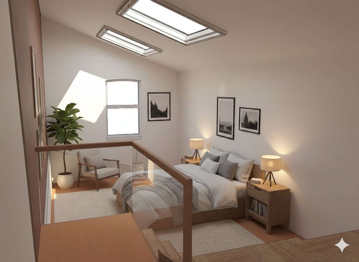 A loft bedroom with two rooflights in the sloping ceiling, a sash window and a glass balustrade around the stair.