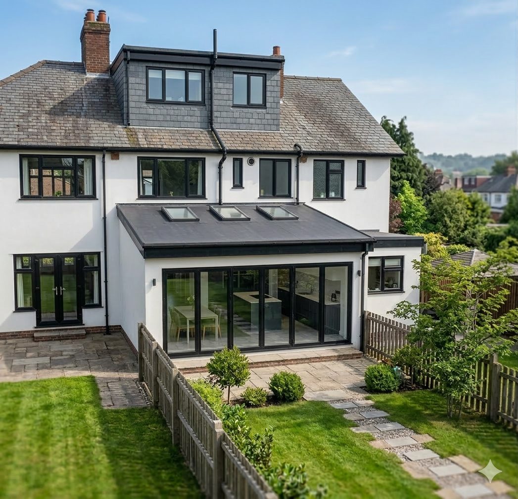 The back of a white rendered semi-detached house with a slate-hung loft dormer above a flat roof extension with three rooflights and bifold doors.