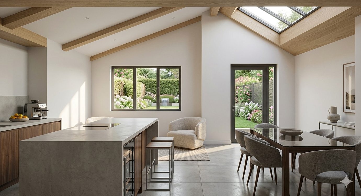A kitchen and dining room with a vaulted ceiling, exposed oak beams and a roof lantern.