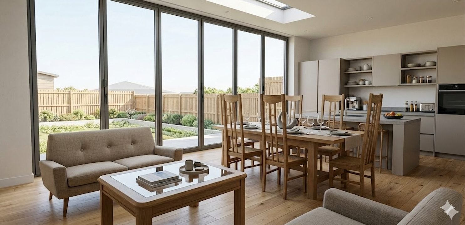 An open-plan kitchen, dining and living space with full-width bifold doors to the garden and a rooflight above.
