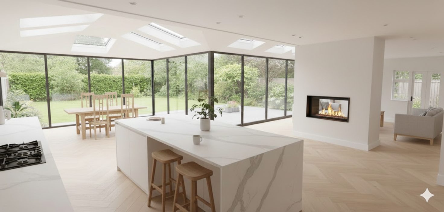 An open-plan kitchen and dining space with a marble island, a double-sided fireplace and glazing wrapping round the corner to the garden.