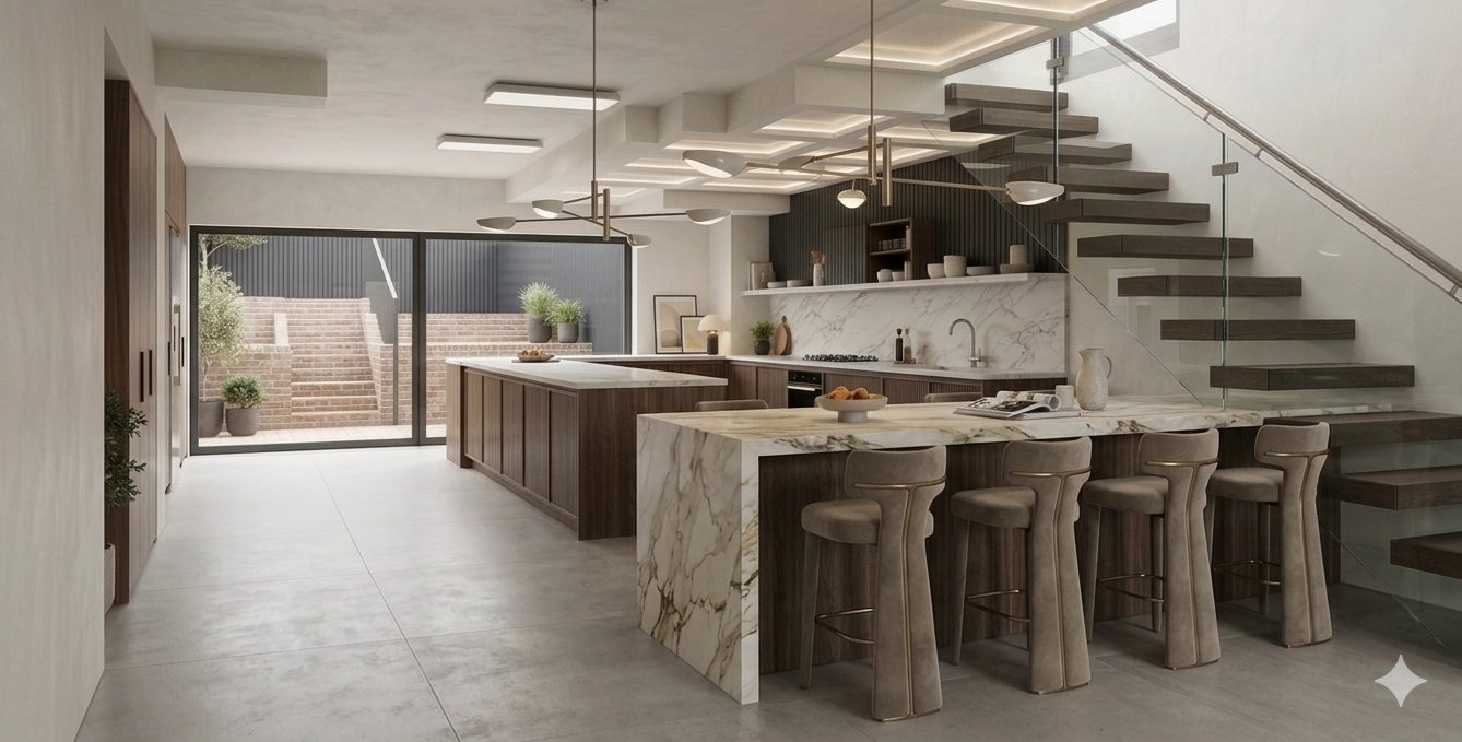 An open-plan kitchen with a marble island, floating staircase and sliding doors to a sunken courtyard.