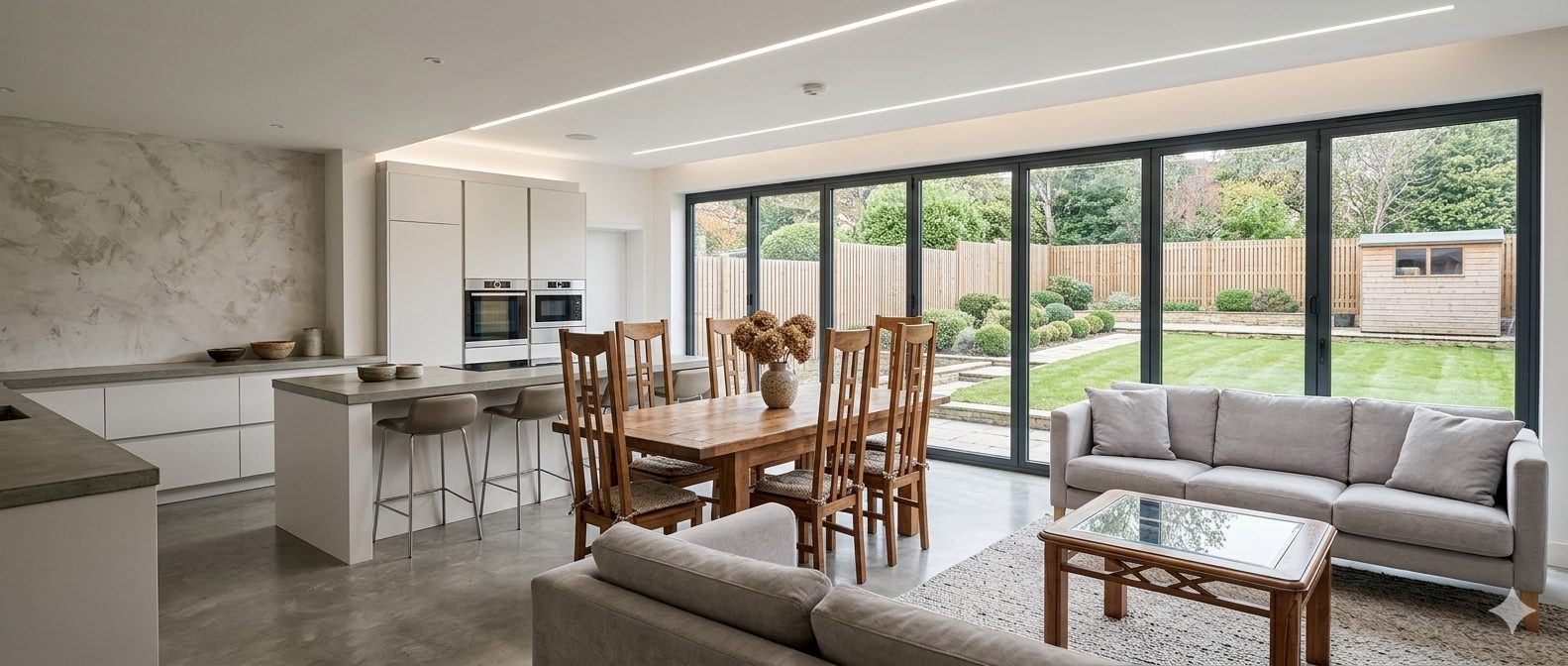 An open-plan kitchen and living space with a polished concrete floor and full-width bifold doors to the garden.