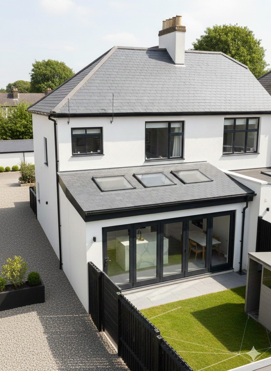 A white rendered house with a rear extension under a pitched slate roof, three rooflights and black bifold doors.