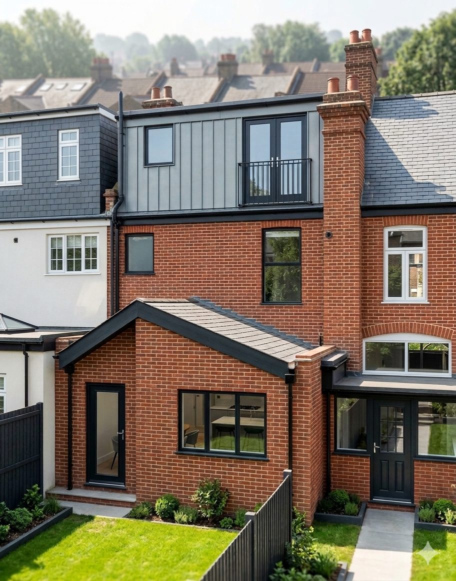 The back of a red-brick terrace with a zinc-clad rear dormer and Juliet balcony above a pitched-roof rear extension.