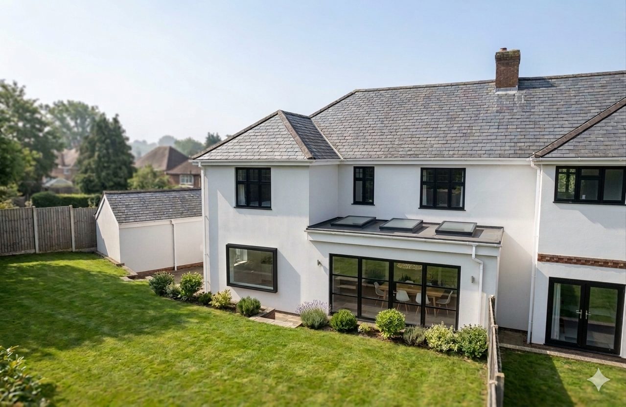 A white rendered house seen from the garden, with a flat roof rear extension, three rooflights and black-framed glazed doors.