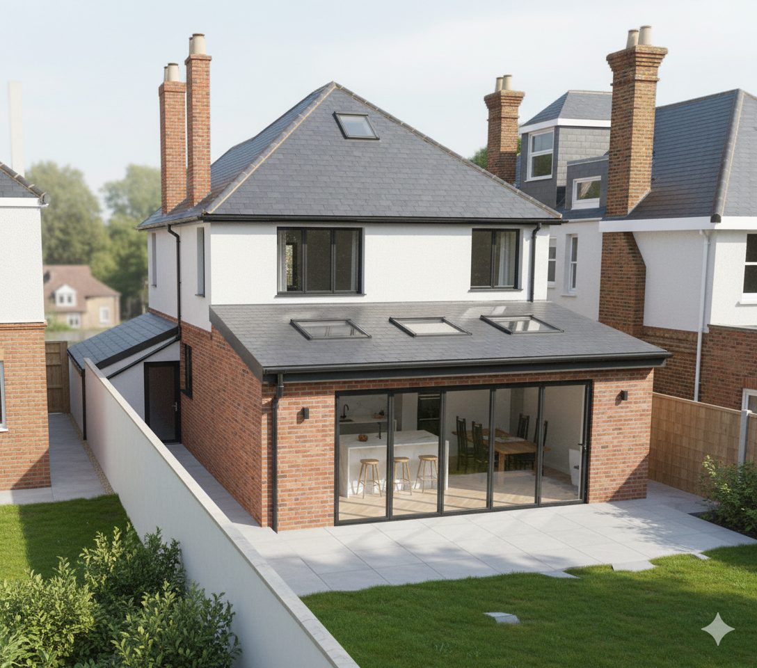 A brick rear extension under a slate lean-to roof with three rooflights and bifold doors across the full width.