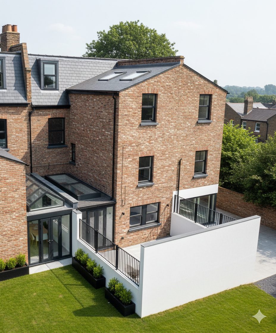 The back of a brick Victorian house with a glazed side infill extension, flat rooflight and terraces enclosed by white rendered walls.