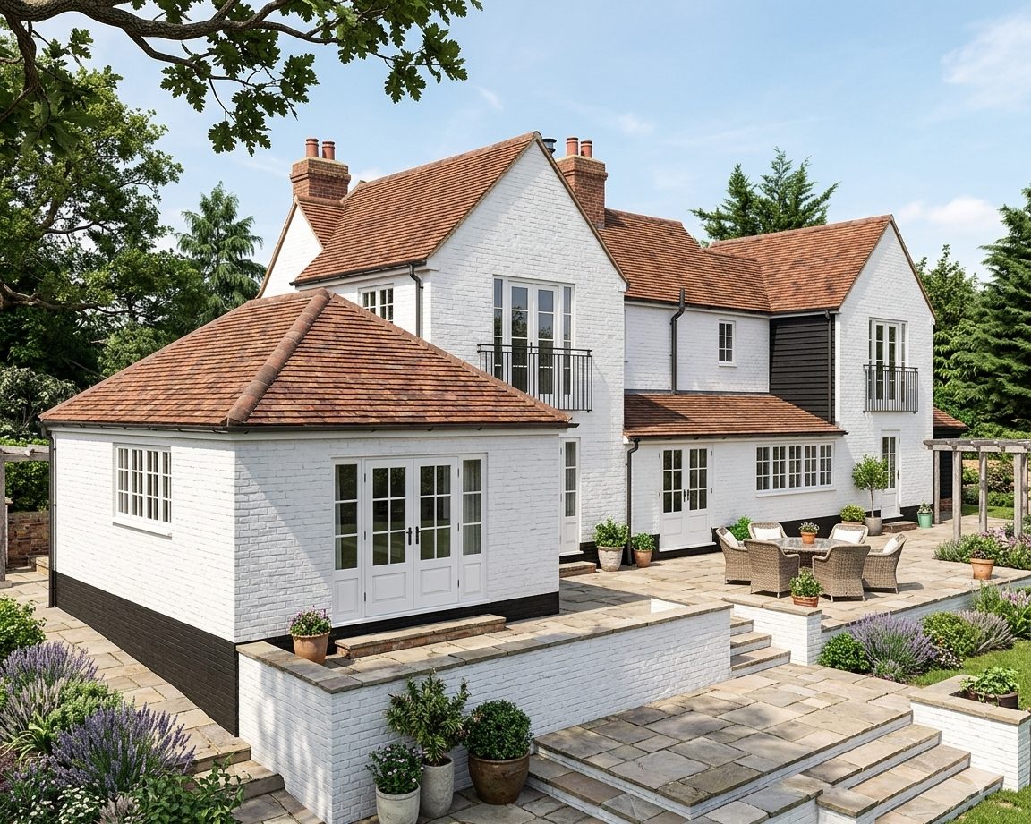 A white-painted house with a new single-storey rear extension under a hipped clay-tile roof, opening onto a stone terrace.