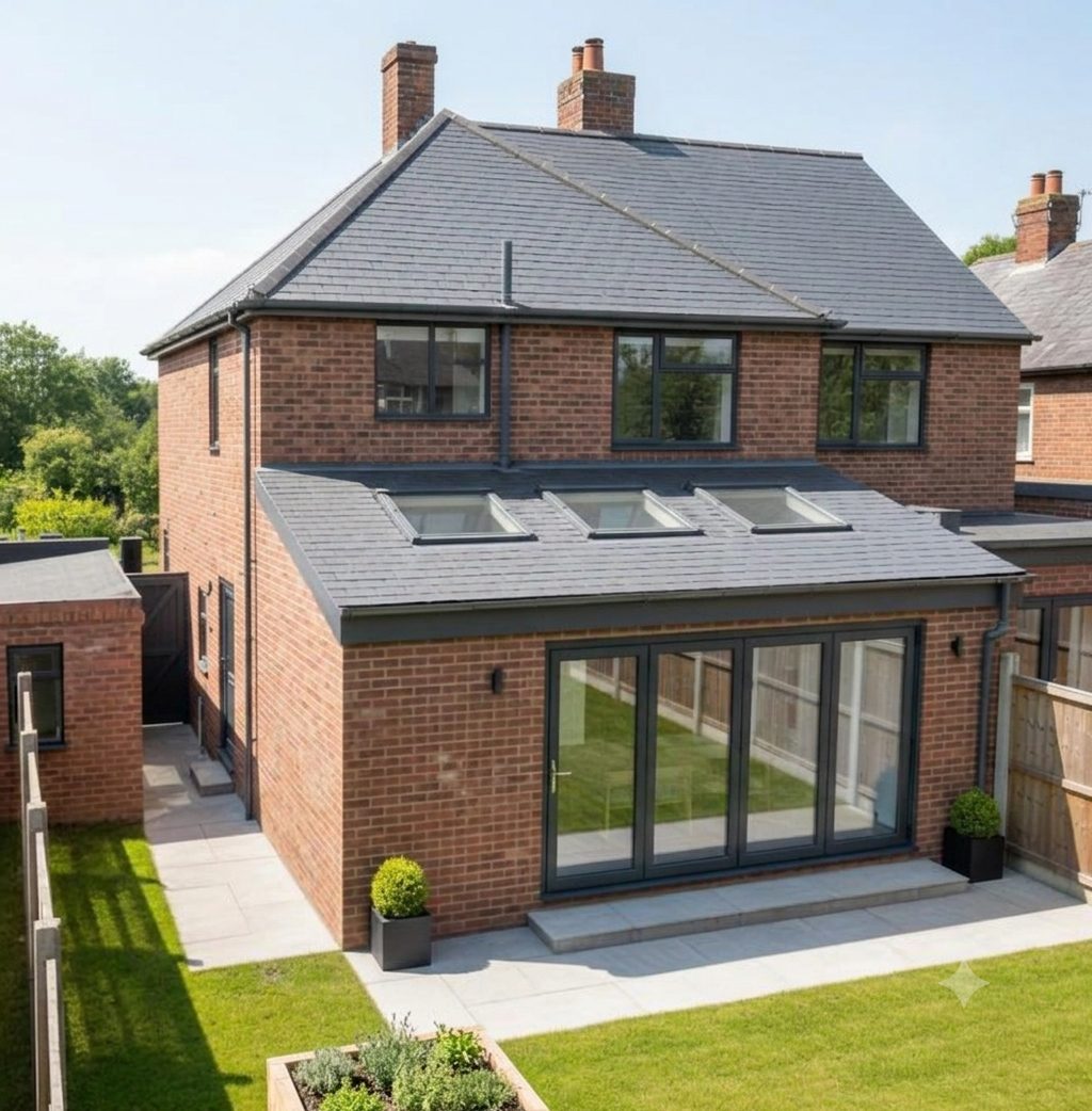 A brick single-storey rear extension with a pitched slate roof, three rooflights and bifold doors onto a patio.