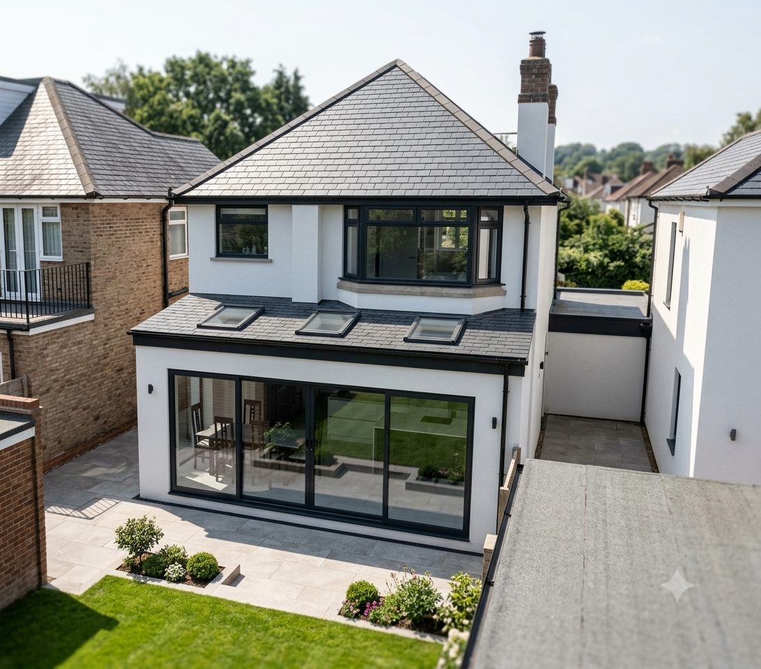 A white rendered rear extension with wide sliding doors, a slate roof and three rooflights.