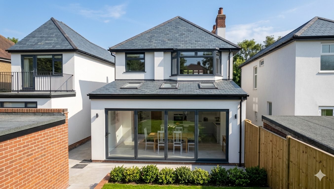 A white rendered detached house with a rear extension under a slate lean-to roof, three rooflights and wide glazed doors.