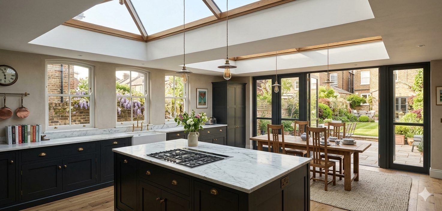 A kitchen extension with dark shaker cabinets, a marble island, sash windows and oak-framed roof lanterns above, open to the garden.
