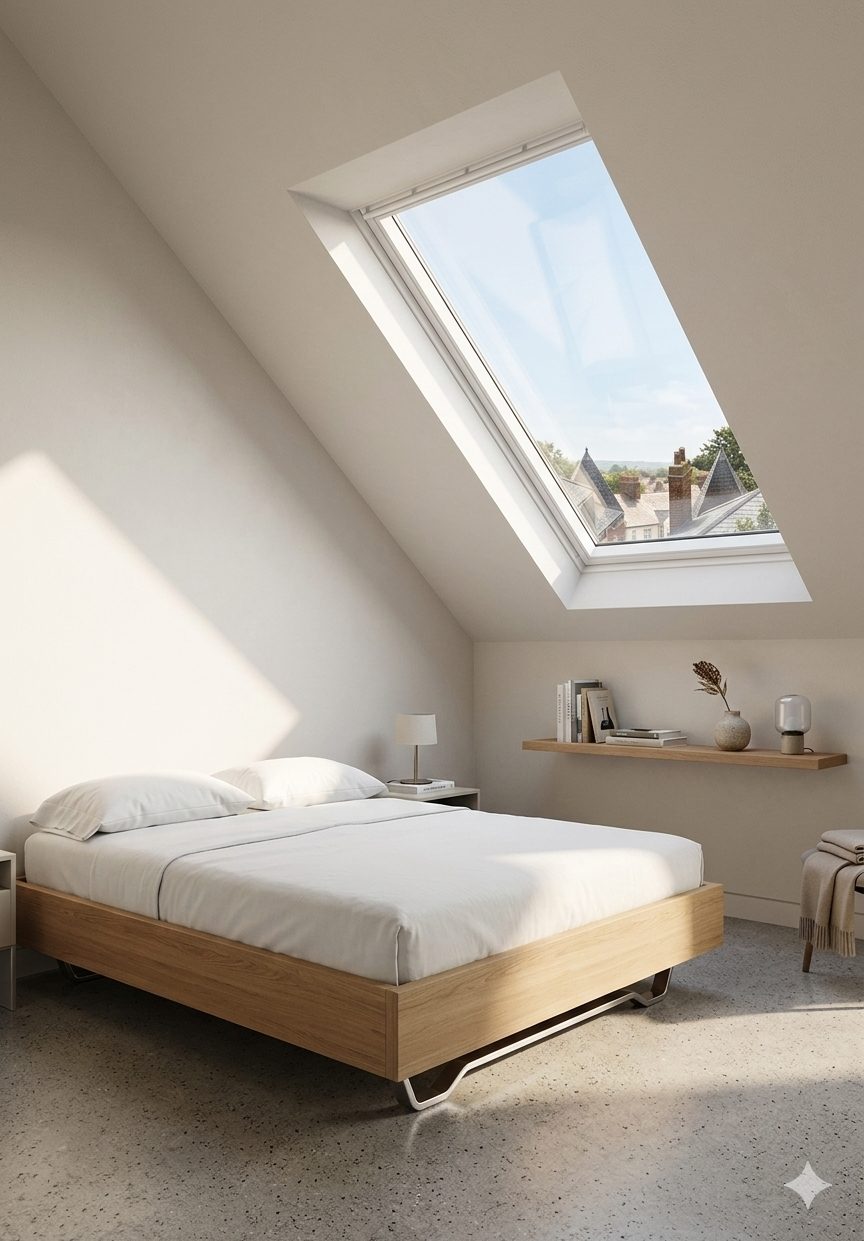 A loft bedroom with a large rooflight in the sloping ceiling looking out over neighbouring rooftops.