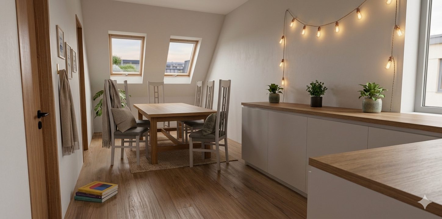 A loft room used as a dining space, with two rooflights in the sloping ceiling and a timber floor.