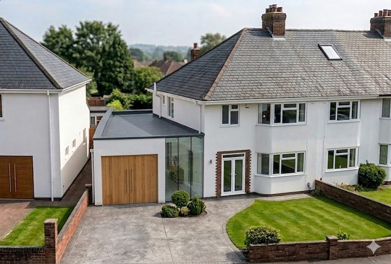The front of a white rendered semi-detached house with a flat roof side extension, timber garage doors and a glazed corner.