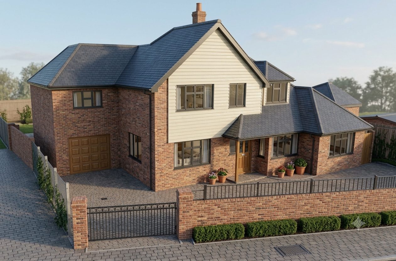 An aerial view of a detached house with a two-storey side extension over a garage and a remodelled front.