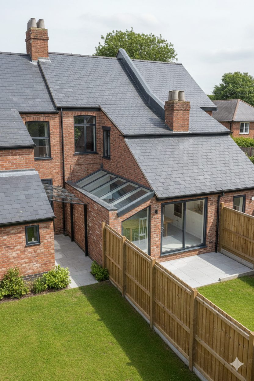 A red-brick period house with a side return extension under a glazed roof and sliding doors to the patio.