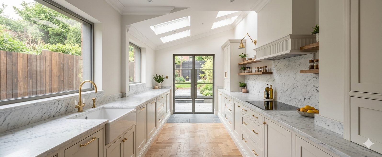 A galley kitchen in a side return extension, with marble worktops, rooflights above and glazed doors to the garden.