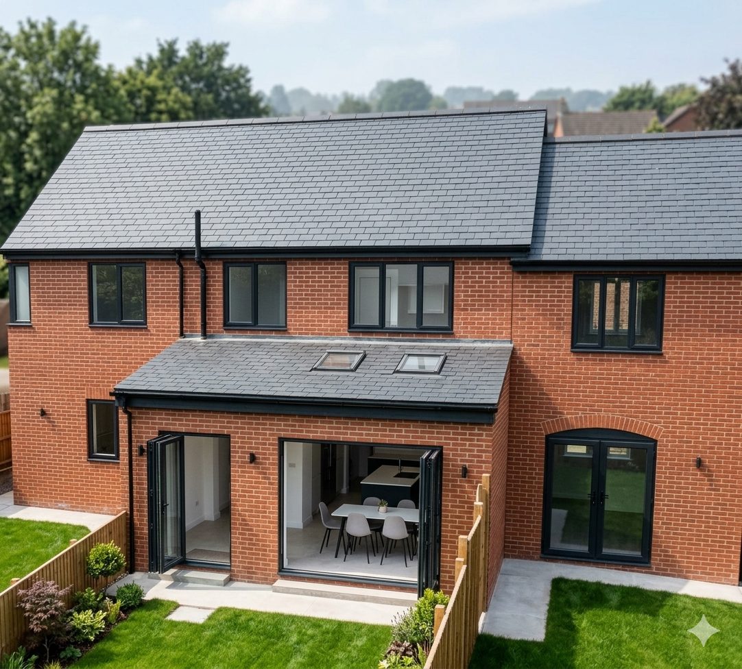 A brick single-storey rear extension with a slate roof, two rooflights and bifold doors standing open to the patio.