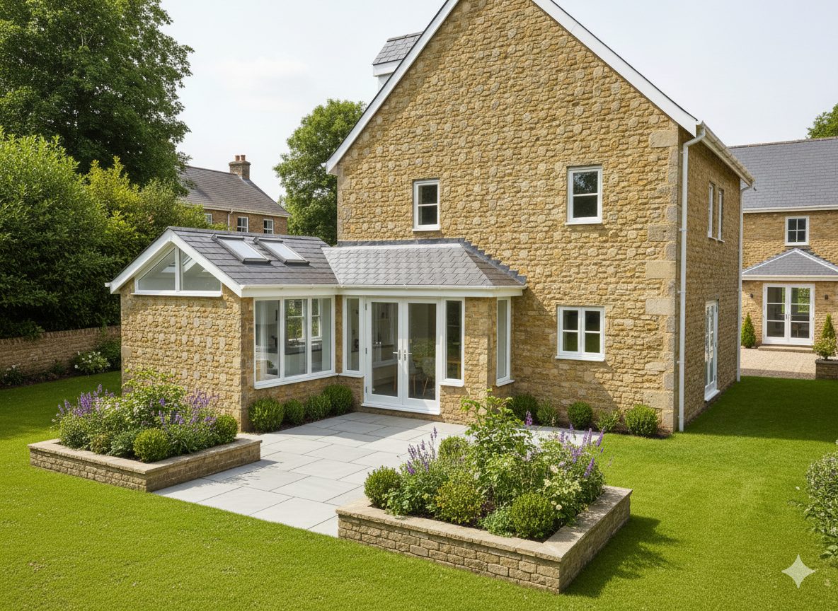 A stone-built house with a single-storey stone extension, a glazed gable, two rooflights and French doors to a terrace.