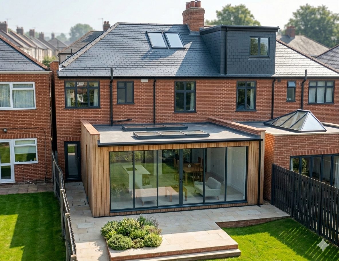 A timber-clad flat roof rear extension on a red-brick semi-detached house, with full-width sliding doors and flat rooflights.