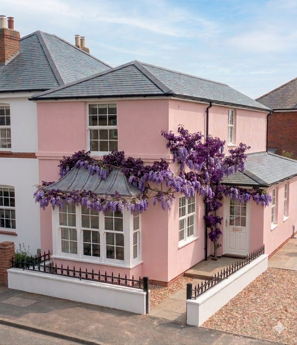 A pink rendered period house with a two-storey side extension under a hipped slate roof, with sash windows and wisteria over the bay.