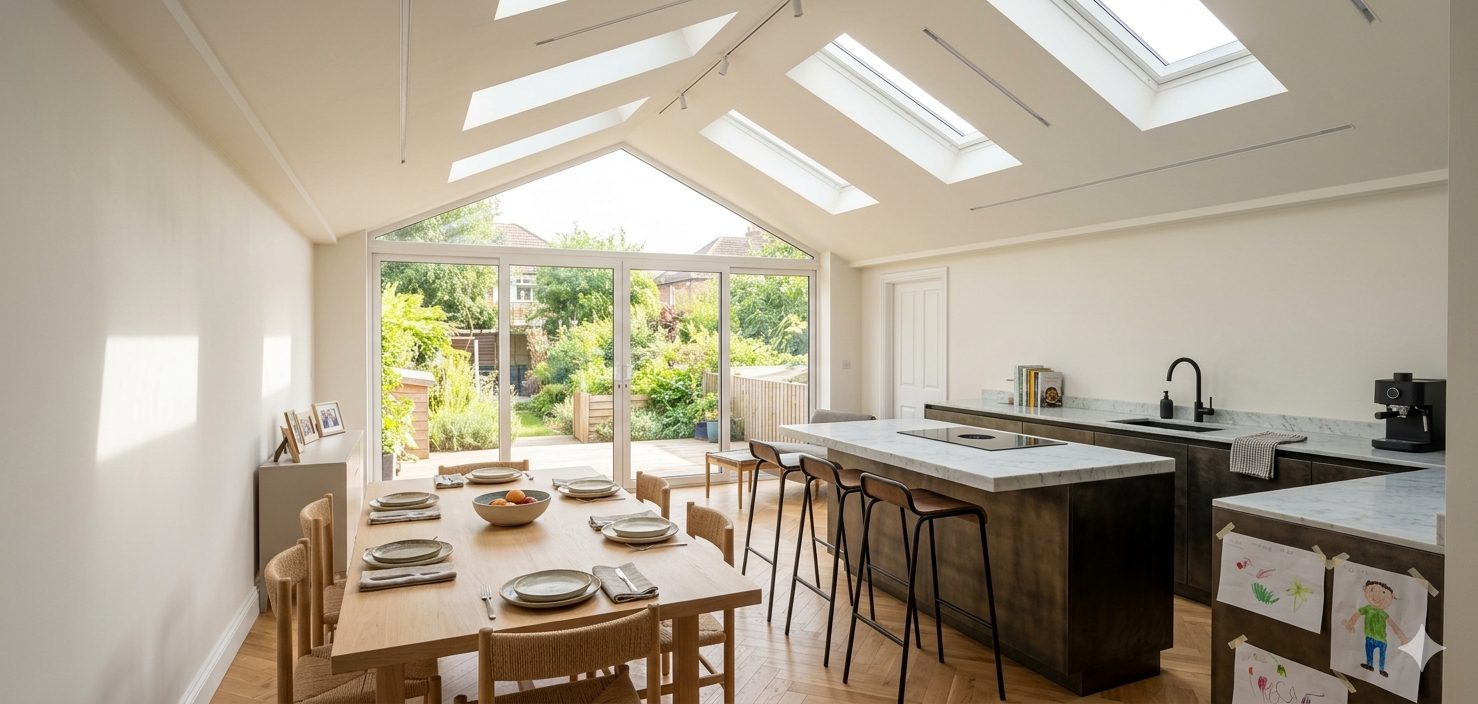 Inside a kitchen and dining extension with a vaulted ceiling, rows of rooflights and a glazed gable facing the garden.