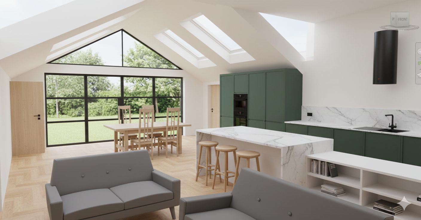 A vaulted kitchen, dining and living space with green cabinets, a marble island, rooflights and a glazed gable facing the garden.